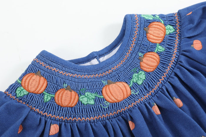 Blue Pumpkin Print Knit Smocked Romper - Lil Cactus