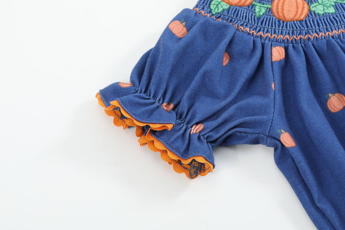 Blue Pumpkin Print Knit Smocked Romper - Lil Cactus