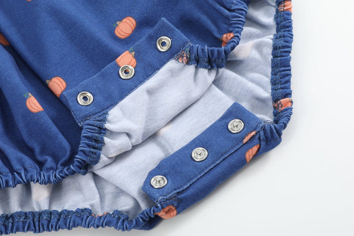 Blue Pumpkin Print Knit Smocked Romper - Lil Cactus