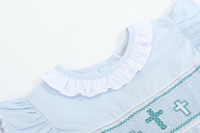Blue Ruffled Crosses Smocked Dress - Lil Cactus