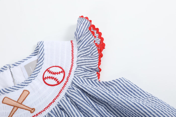 Blue Seersucker Baseball Smocked Bishop Dress - Lil Cactus