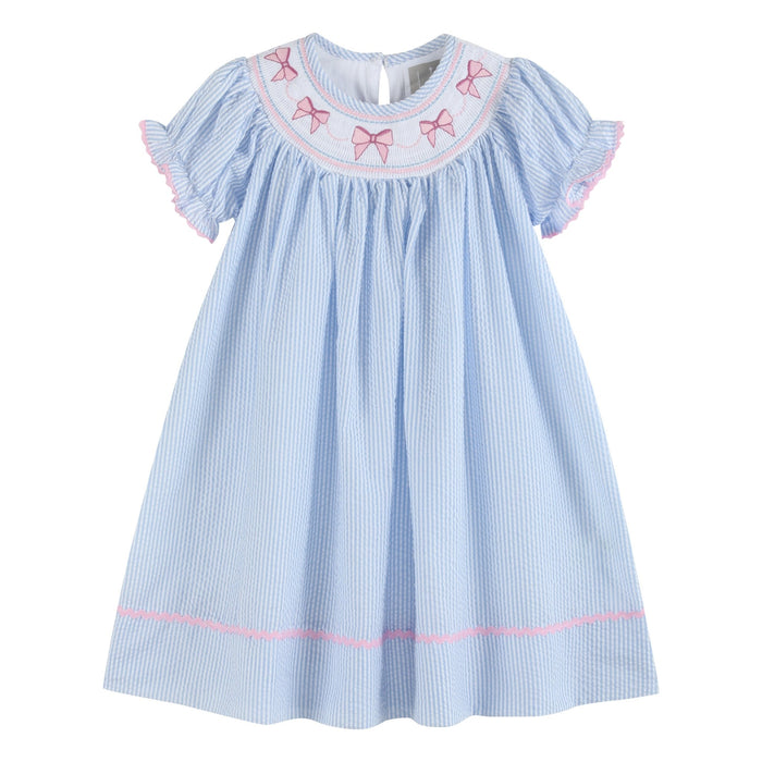 Blue Seersucker Bow Smocked Bishop Dress - Lil Cactus