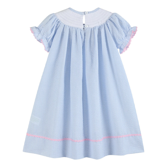 Blue Seersucker Bow Smocked Bishop Dress - Lil Cactus