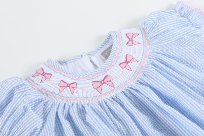 Blue Seersucker Bow Smocked Bishop Dress - Lil Cactus