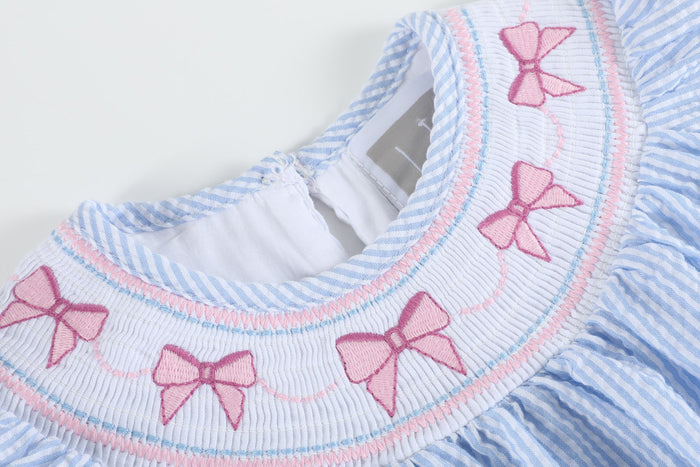 Blue Seersucker Bow Smocked Bishop Dress - Lil Cactus