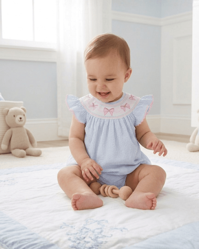 Blue Seersucker Bow Smocked Flutter Romper - Lil Cactus