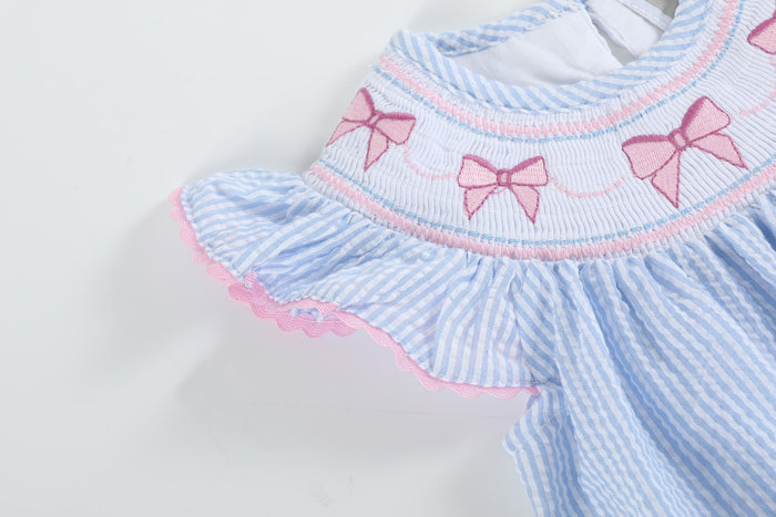 Blue Seersucker Bow Smocked Flutter Romper - Lil Cactus