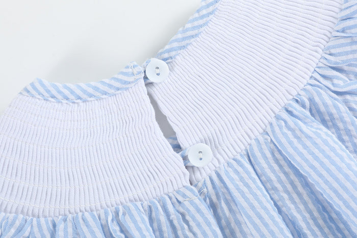Blue Seersucker Bow Smocked Flutter Romper - Lil Cactus
