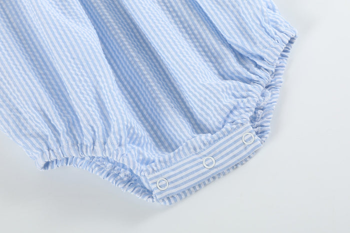 Blue Seersucker Bow Smocked Flutter Romper - Lil Cactus