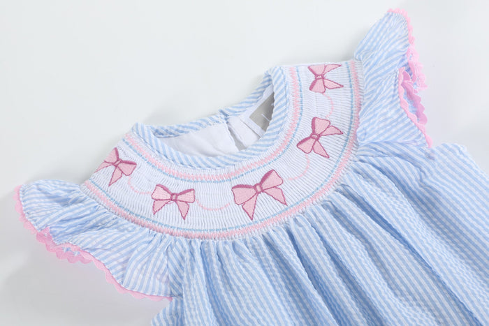 Blue Seersucker Bow Smocked Flutter Romper - Lil Cactus