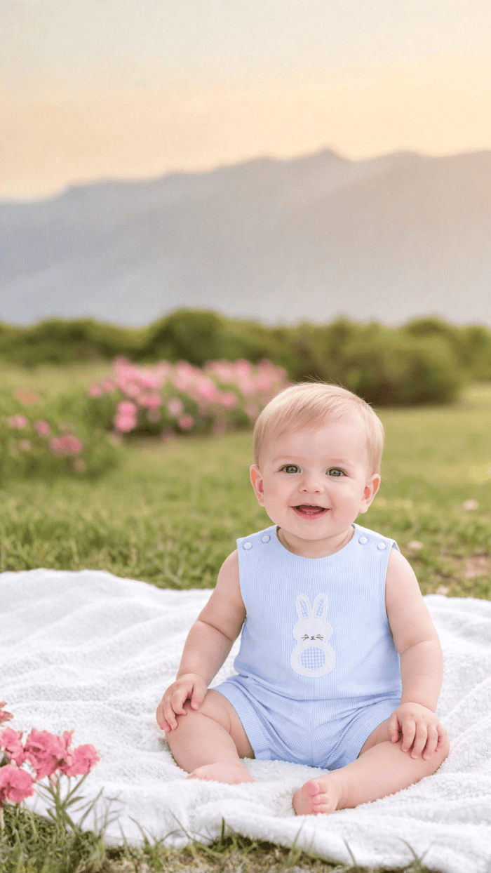 Blue Seersucker Gingham Bunny Shortall - Lil Cactus