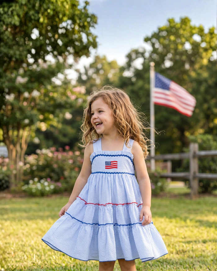 Blue Seersucker USA Flag Layered Sundress - Lil Cactus