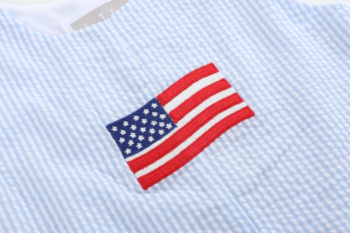 Blue Seersucker USA Flag Shortalls - Lil Cactus