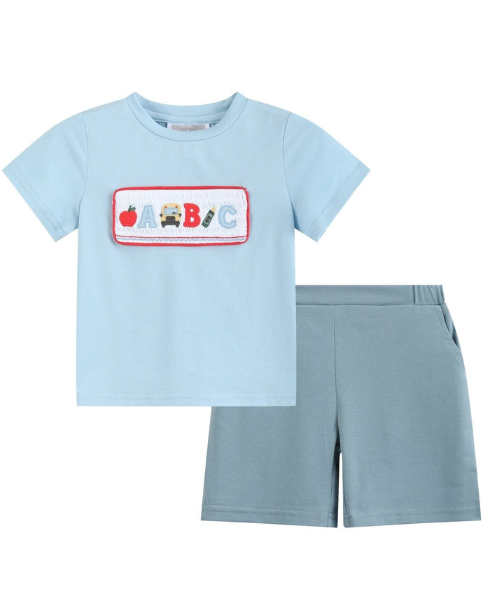 Blue Smocked ABC School Shirt and Shorts Set - Lil Cactus
