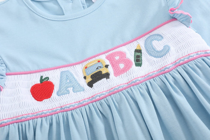 Blue Smocked Knit ABC School Dress - Lil Cactus