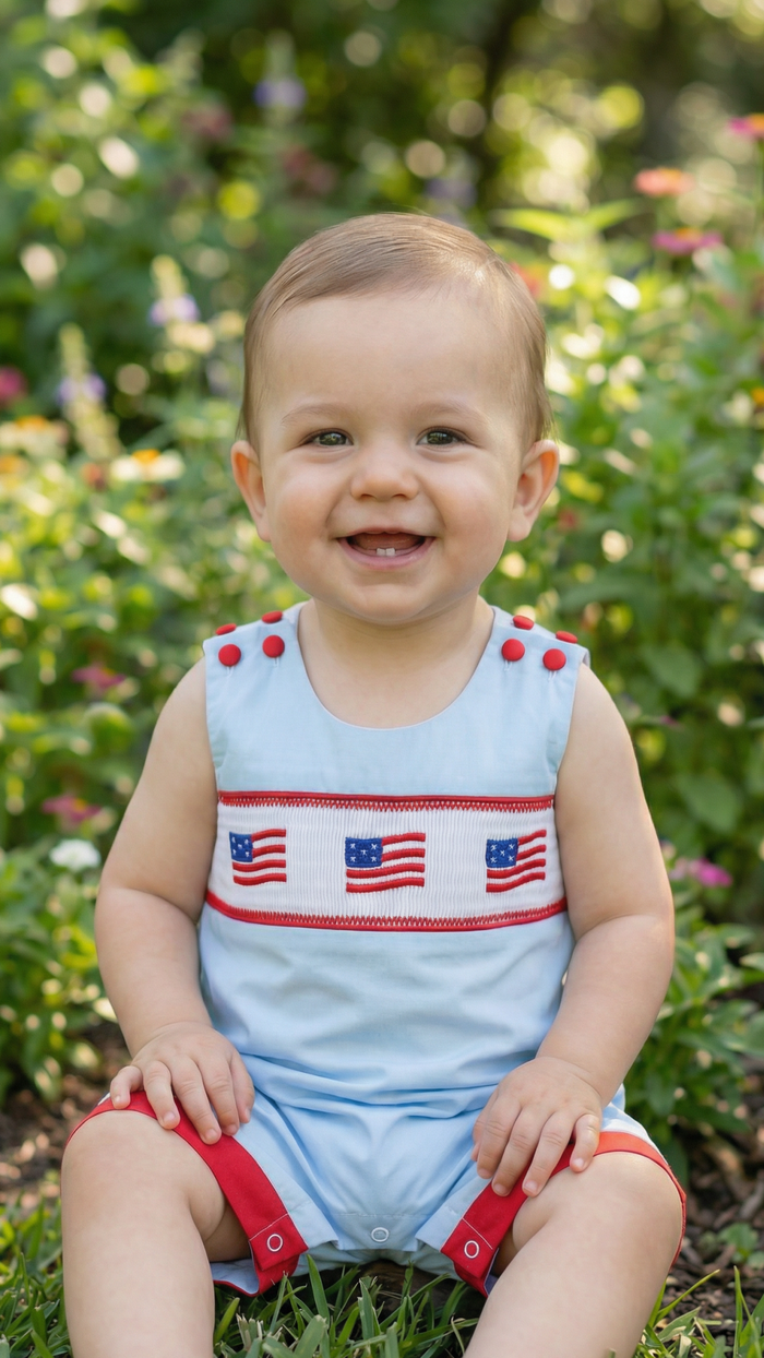 Blue USA Flag Smocked Shortalls - Lil Cactus