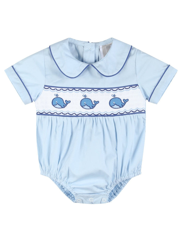 Blue Whale Smocked Collared Bubble Romper - Lil Cactus
