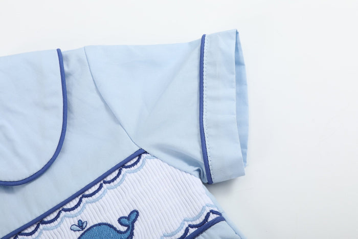 Blue Whale Smocked Collared Bubble Romper - Lil Cactus