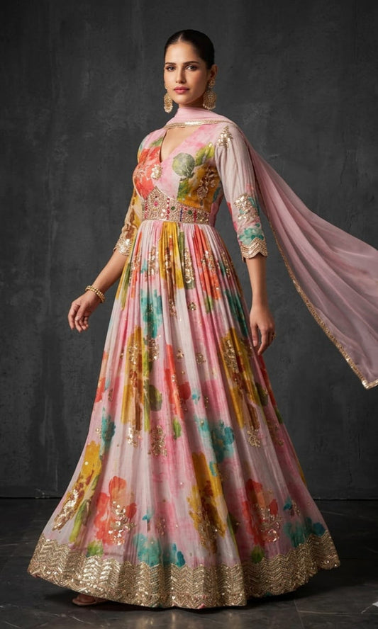 Blush Floral Anarkali Gown with Dupatta & Gold Embellishments