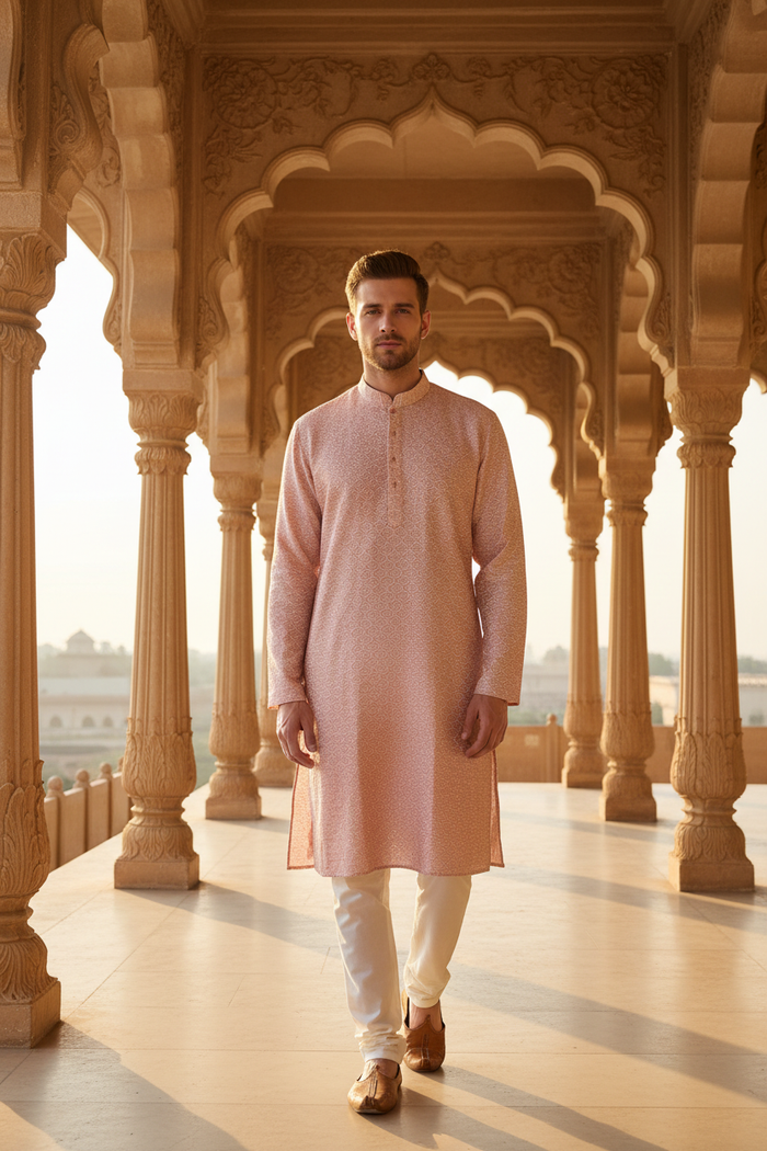 Front view — male model in blush ombre jacquard kurta with white pajama, palace corridor