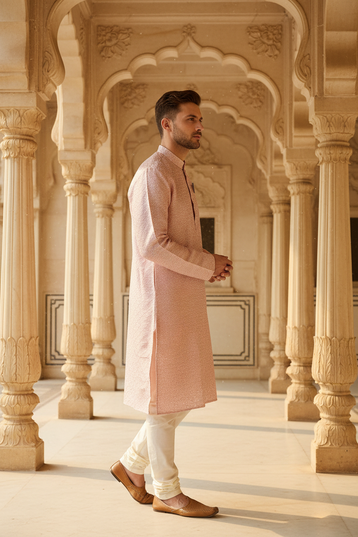 Side profile — male model in blush ombre jacquard kurta with white pajama, palace corridor