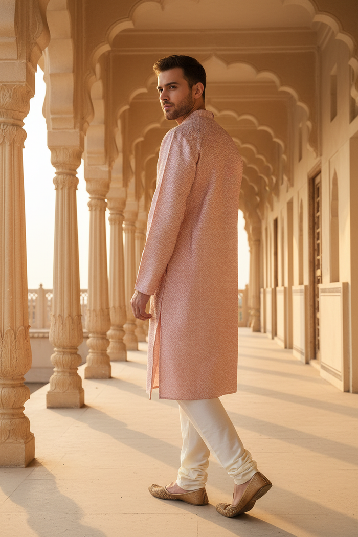Three-quarter back — male model in blush ombre jacquard kurta with white pajama, palace corridor