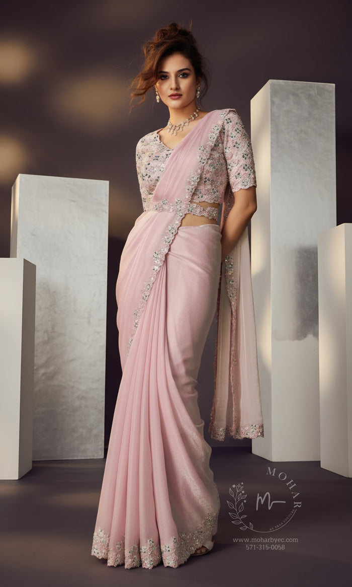 Blush Pink Embroidered Organza Pre-Stitched Saree