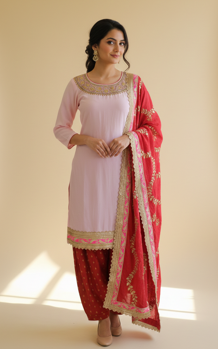 Blush Pink & Ruby Red Patiala Set