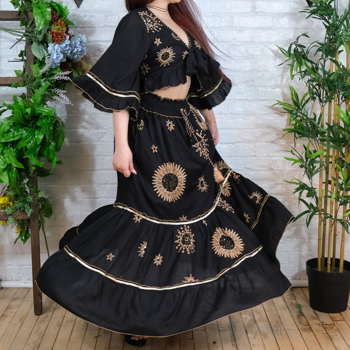 Bohemian Embroidery Skirt with Ruffle Sleeve Top
