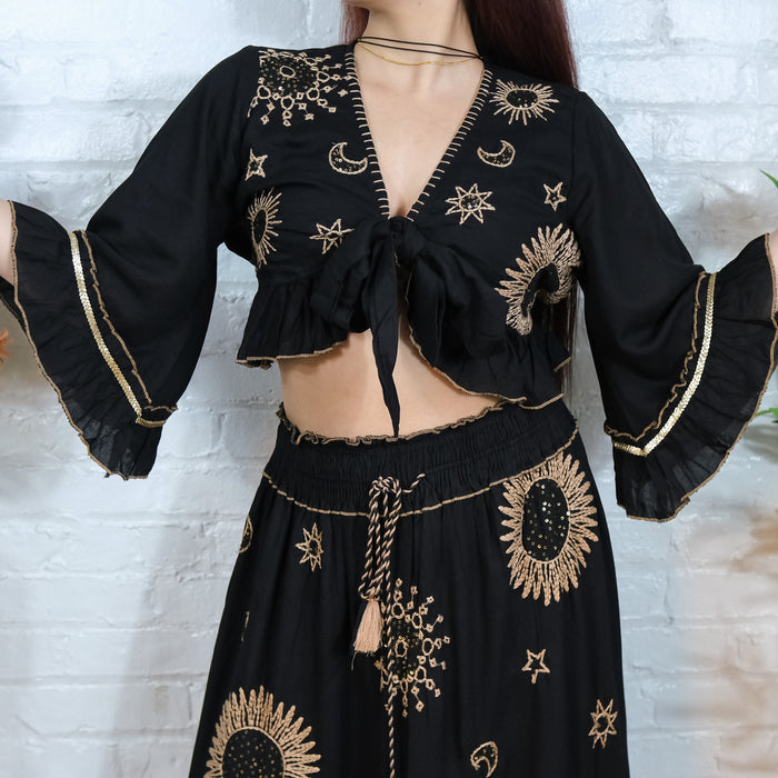 Bohemian Embroidery Skirt with Ruffle Sleeve Top