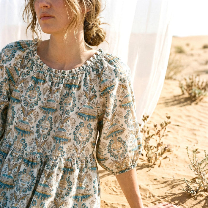Bohemian Smock Three-quarter Bishop Sleeves Midi Dress, Handmade Personalised Botanical Clothing, Sustainable Womenswear