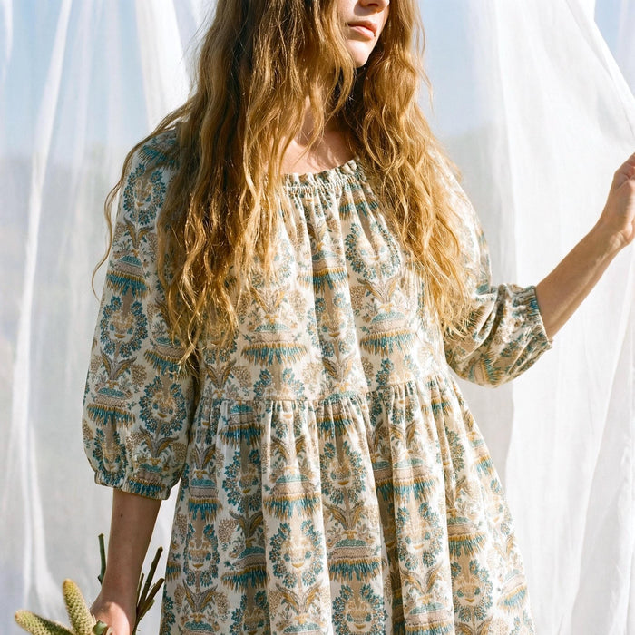 Bohemian Smock Three-quarter Bishop Sleeves Midi Dress, Handmade Personalised Botanical Clothing, Sustainable Womenswear