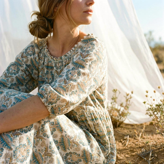 Bohemian Smock Three-quarter Bishop Sleeves Midi Dress, Handmade Personalised Botanical Clothing, Sustainable Womenswear