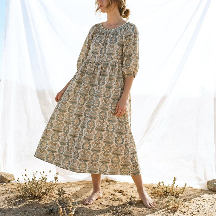 Bohemian Smock Three-quarter Bishop Sleeves Midi Dress, Handmade Personalised Botanical Clothing, Sustainable Womenswear