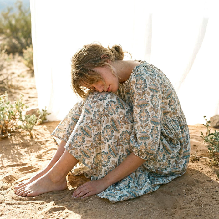 Bohemian Smock Three-quarter Bishop Sleeves Midi Dress, Handmade Personalised Botanical Clothing, Sustainable Womenswear