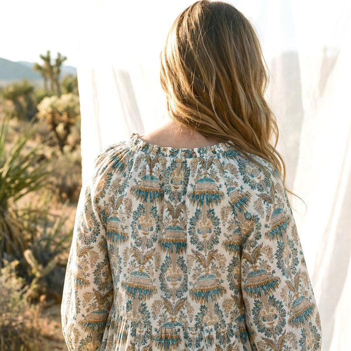 Bohemian Smock Three-quarter Bishop Sleeves Midi Dress, Handmade Personalised Botanical Clothing, Sustainable Womenswear