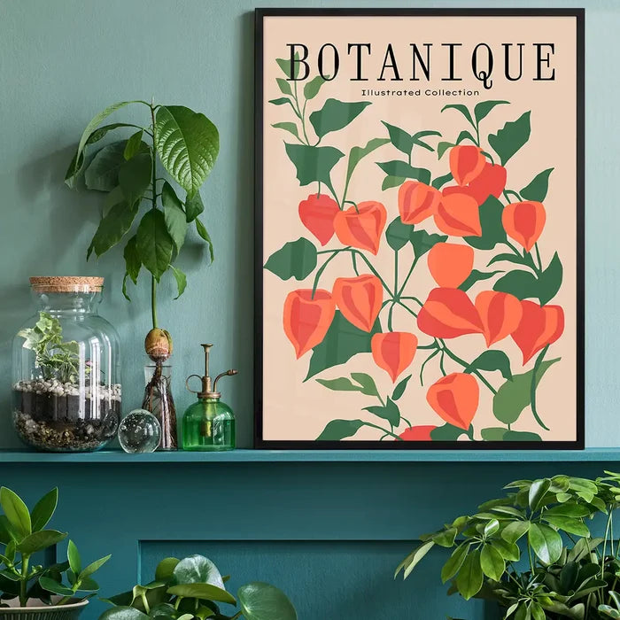 Botanique Illustrated Floral Print, fine art poster black framed on a living room shelf