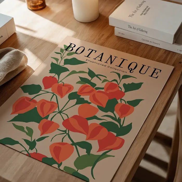 Botanique Illustrated Floral Print, fine art poster unframed on a home office desk