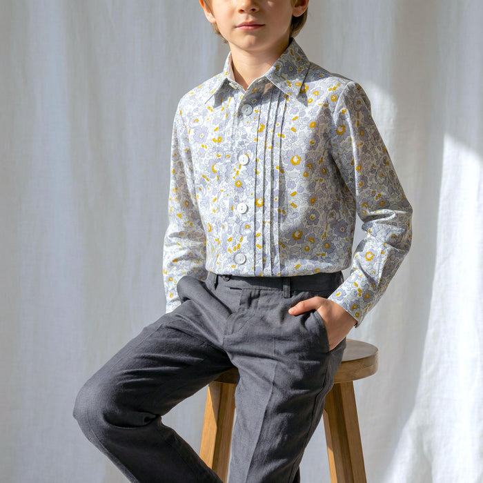 Boys Liberty London Ditsy Floral Cotton Shirt, Mustard Grey White Long Sleeve Top