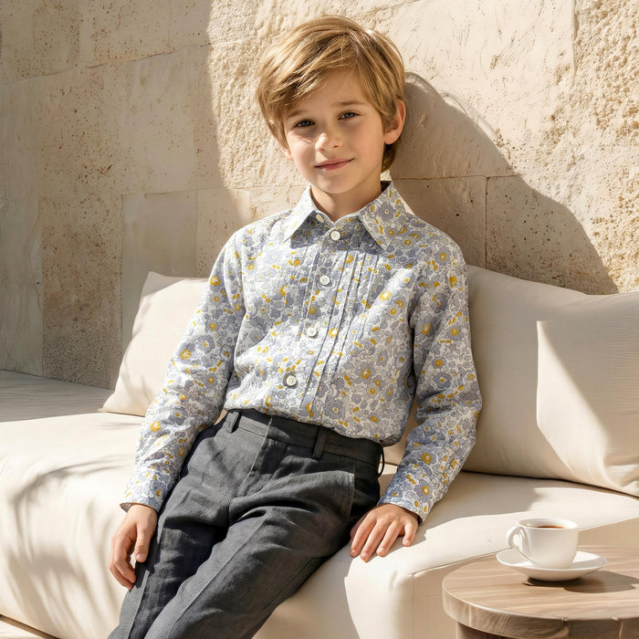 Boys Liberty London Ditsy Floral Cotton Shirt, Mustard Grey White Long Sleeve Top