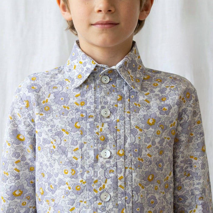 Boys Liberty London Ditsy Floral Cotton Shirt, Mustard Grey White Long Sleeve Top