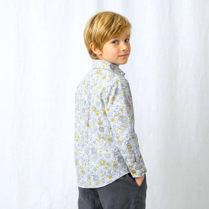 Boys Liberty London Ditsy Floral Cotton Shirt, Mustard Grey White Long Sleeve Top