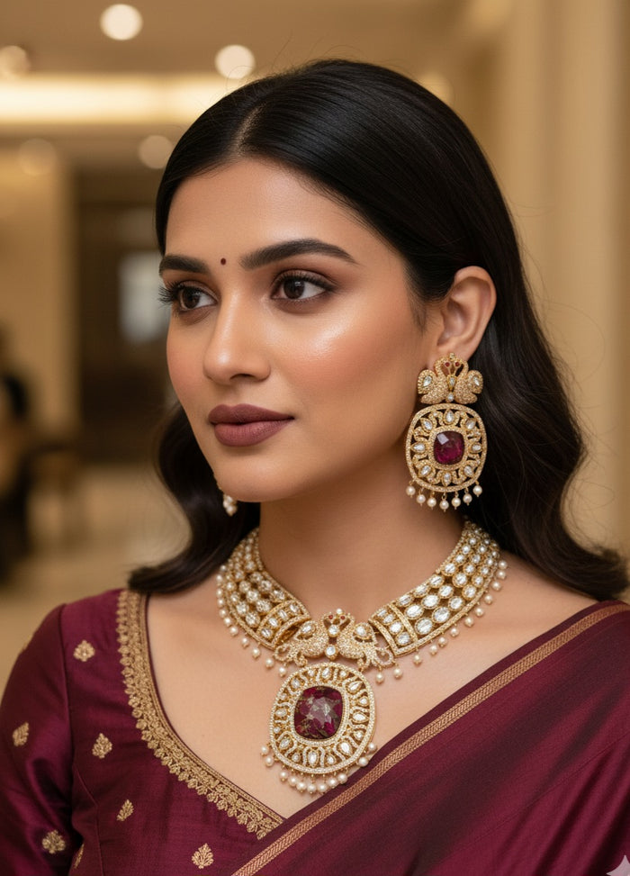 MOHAR red and white cubic zirconia bridal necklace and maang tikka set