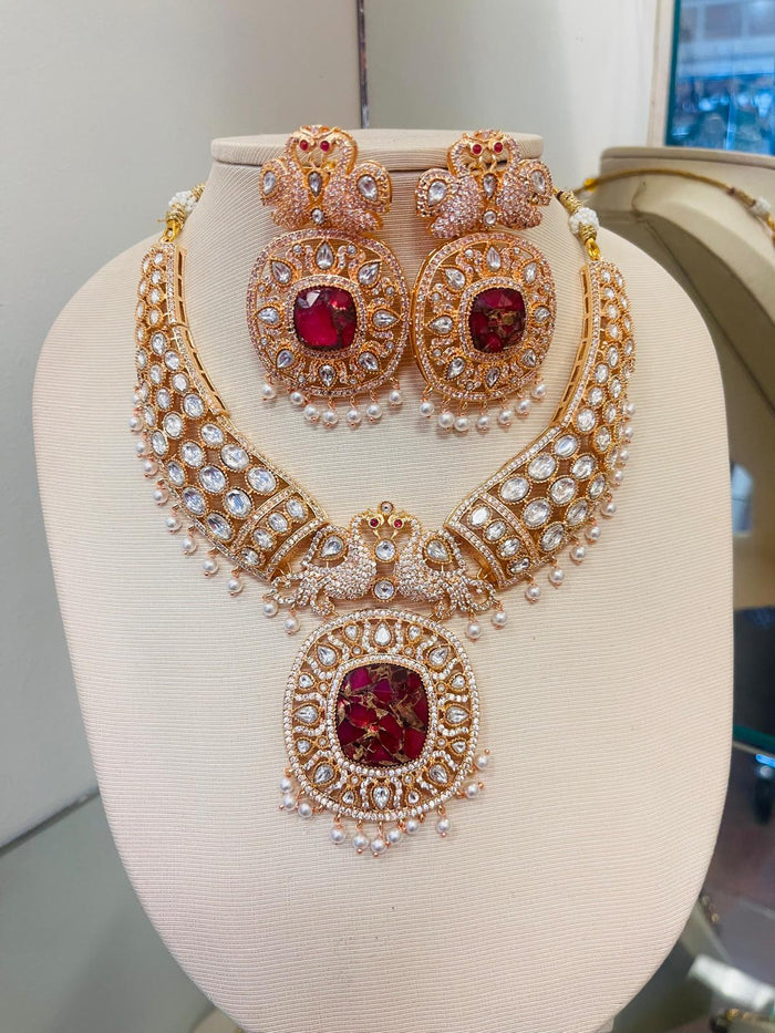 MOHAR red and white cubic zirconia bridal necklace and maang tikka set