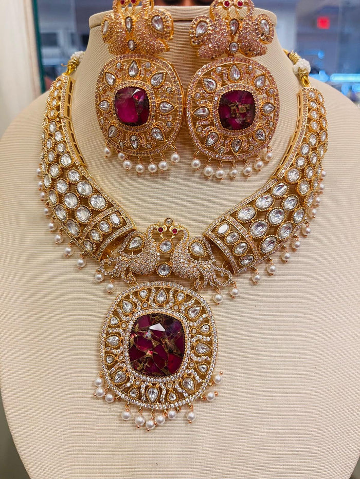 MOHAR red and white cubic zirconia bridal necklace and maang tikka set