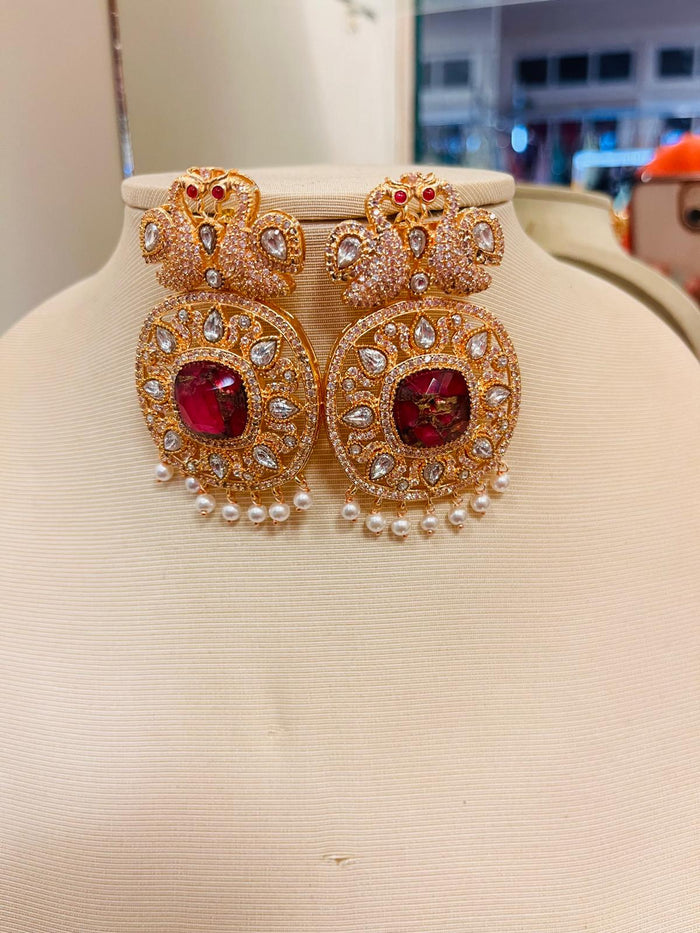 MOHAR red and white cubic zirconia bridal necklace and maang tikka set