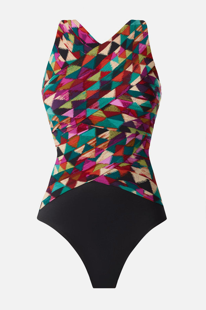 Multicolored geometric high neck one-piece swimsuit