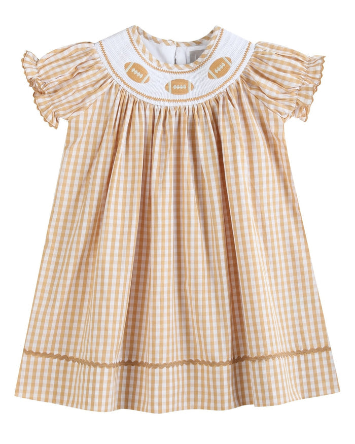 Brown Gingham Football Smocked Bishop Dress - Lil Cactus