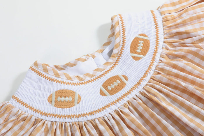 Brown Gingham Football Smocked Bishop Dress - Lil Cactus
