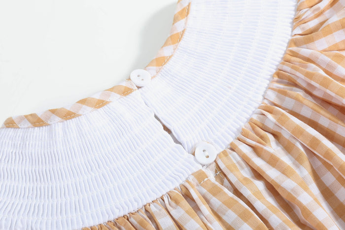Brown Gingham Football Smocked Bishop Dress - Lil Cactus